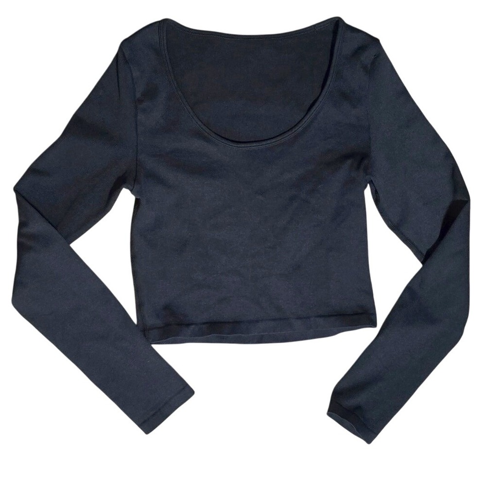 OQQ Black Long Sleeve Crop Top Basic Fitted Casual S compression athletic
